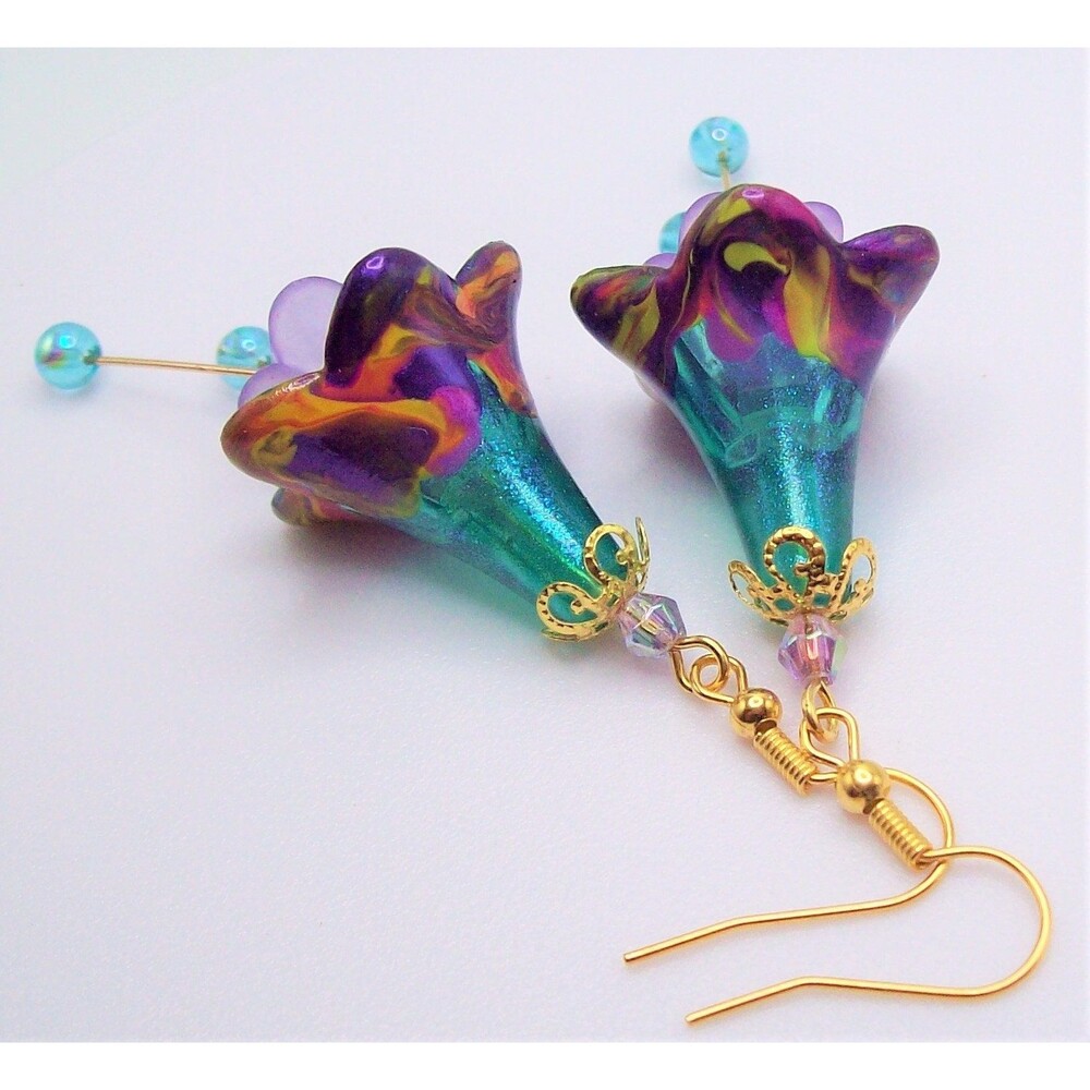 Gold Flower Earrings Dangle, Gold, Teal. Hand Painted, Floral Jewelry